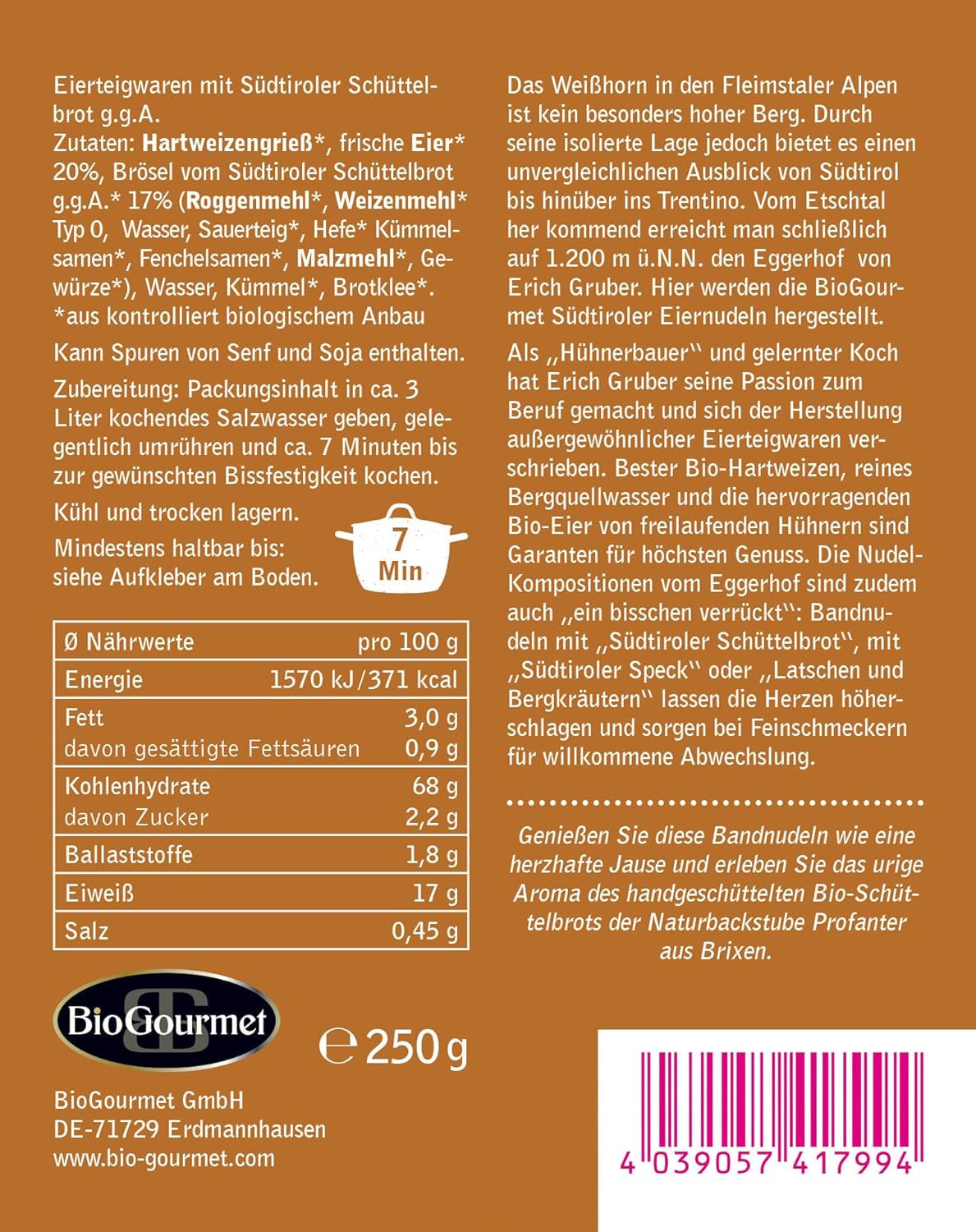 Nouilles en ruban BioGourmet au Schüttelbrot du Tyrol du Sud (IGP) | Nouilles aux œufs salées et aromatisées au véritable speck du Tyrol du Sud | 1 x 250g Bio