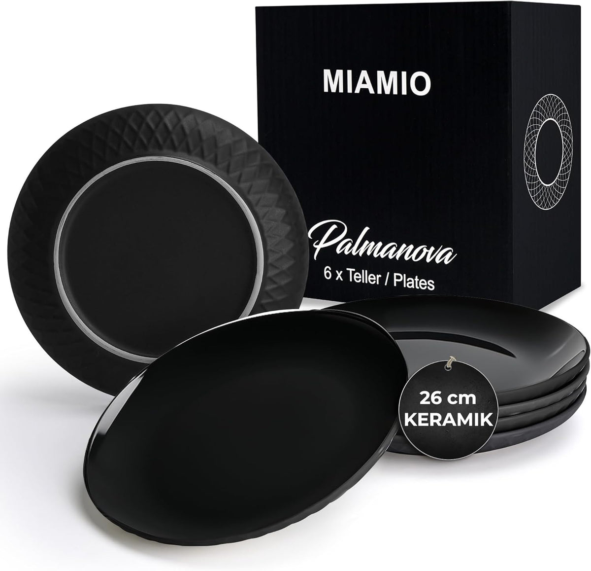 MIAMIO - Service de table/assiettes modernes en céramique 6 pièces pour 6 personnes - Collection Palmanova (Noir, Grandes assiettes (6x))