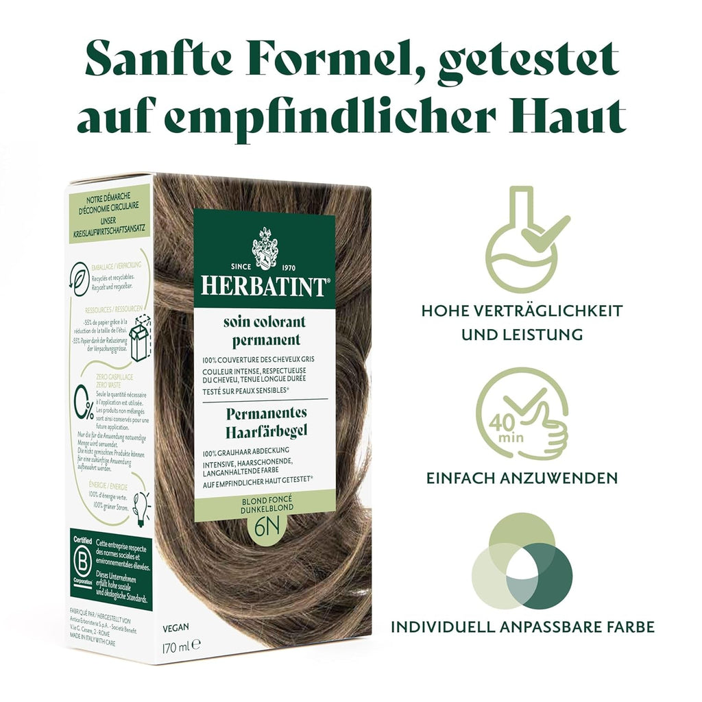 Gel pentru vopsirea permanentă a părului 6N blond închis - 170 ml I Fără amoniac, acoperire 100% a părului gri I Testat pe piele sensibilă, cu 8 extracte de plante Vopsea pentru par Naty Shop