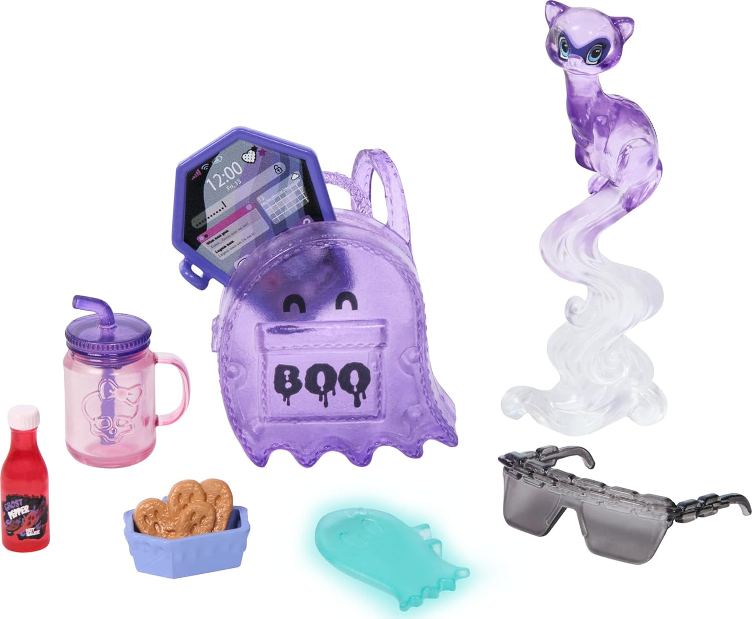 Monster High Spectra Vondergeist Puppe mit Frettchen Rhuen und Zubehörteilen wie Rucksack, Tablet, Snacks und mehr, HXH77