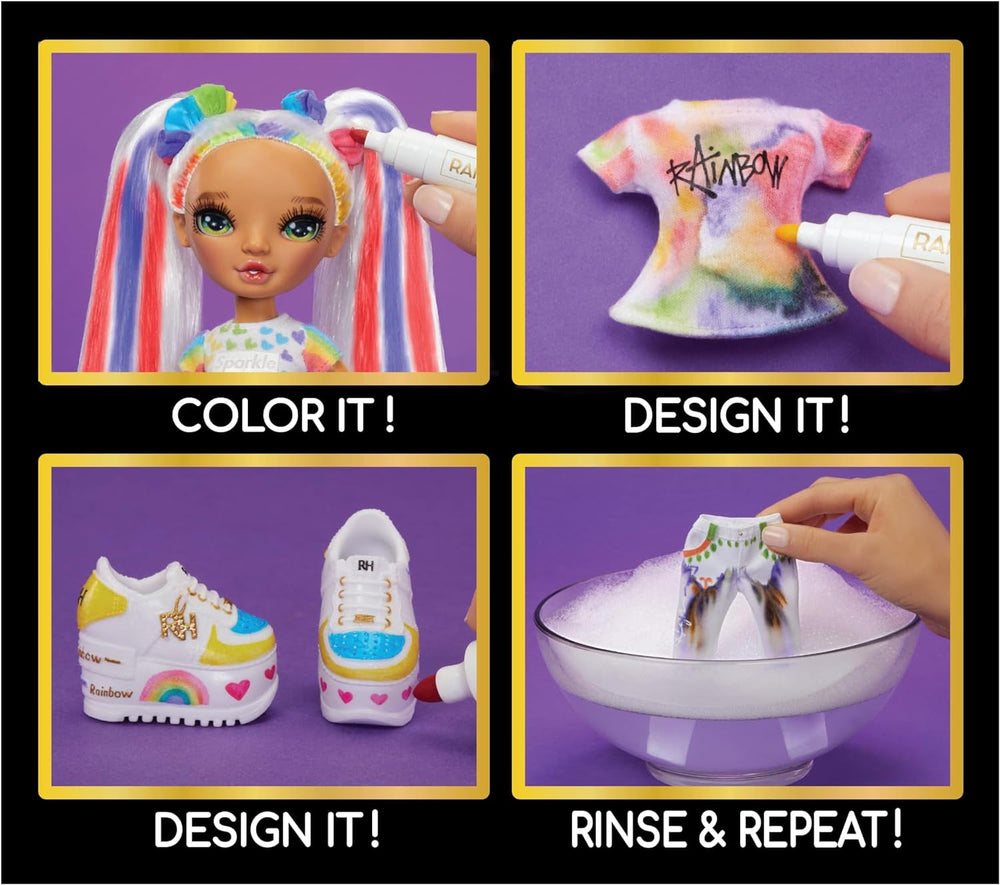 Rainbow High Color & Create DIY Modepuppe - Grüne Augen, Zöpfe, extra Top & Schuhe, abwaschbare Regenbogenstifte - Ausmalen, Gestalten, Spielen, Auswaschen - für Kinder von 4-12 Jahren und Sammler