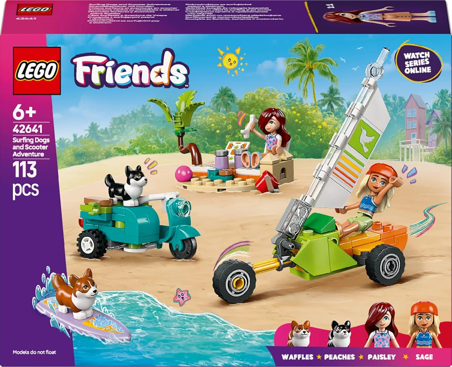 LEGO Friends Beach Adventure cu câini, jucărie de construcție pentru fete de la 6 ani, set de joacă pentru animale cu 2 minifigurine și 2 figuri Corgi, cadou pentru copii creativi, set de construcție de aventură cu placă de surf 42641 Seturi de constructie Besuche den LEGO-Store