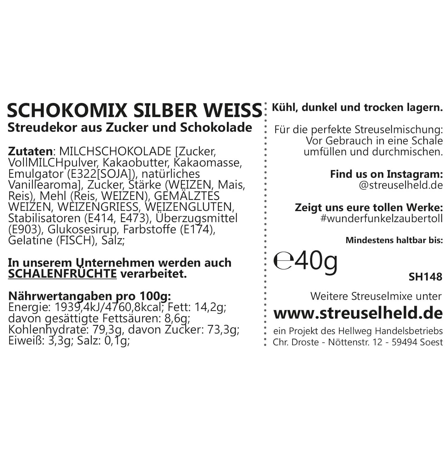 Streusel Hero Chocolate Mix Silver White Sprinkles, 40 grammes Naty Shop