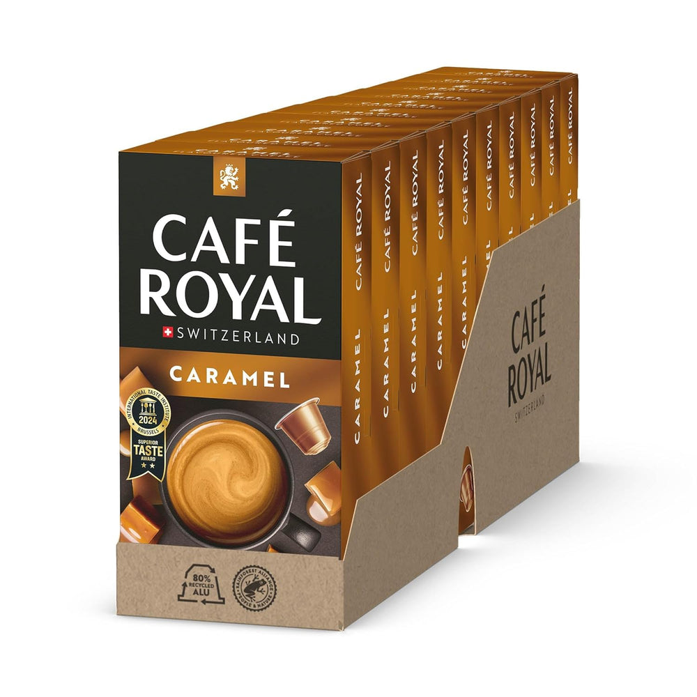 Café aromatisé Café Royal Caramel – Capsules de café compatibles Nespresso®, crémeuses, helle Röstung, 100 % Arabica, Rainforest Alliance, 100 capsules