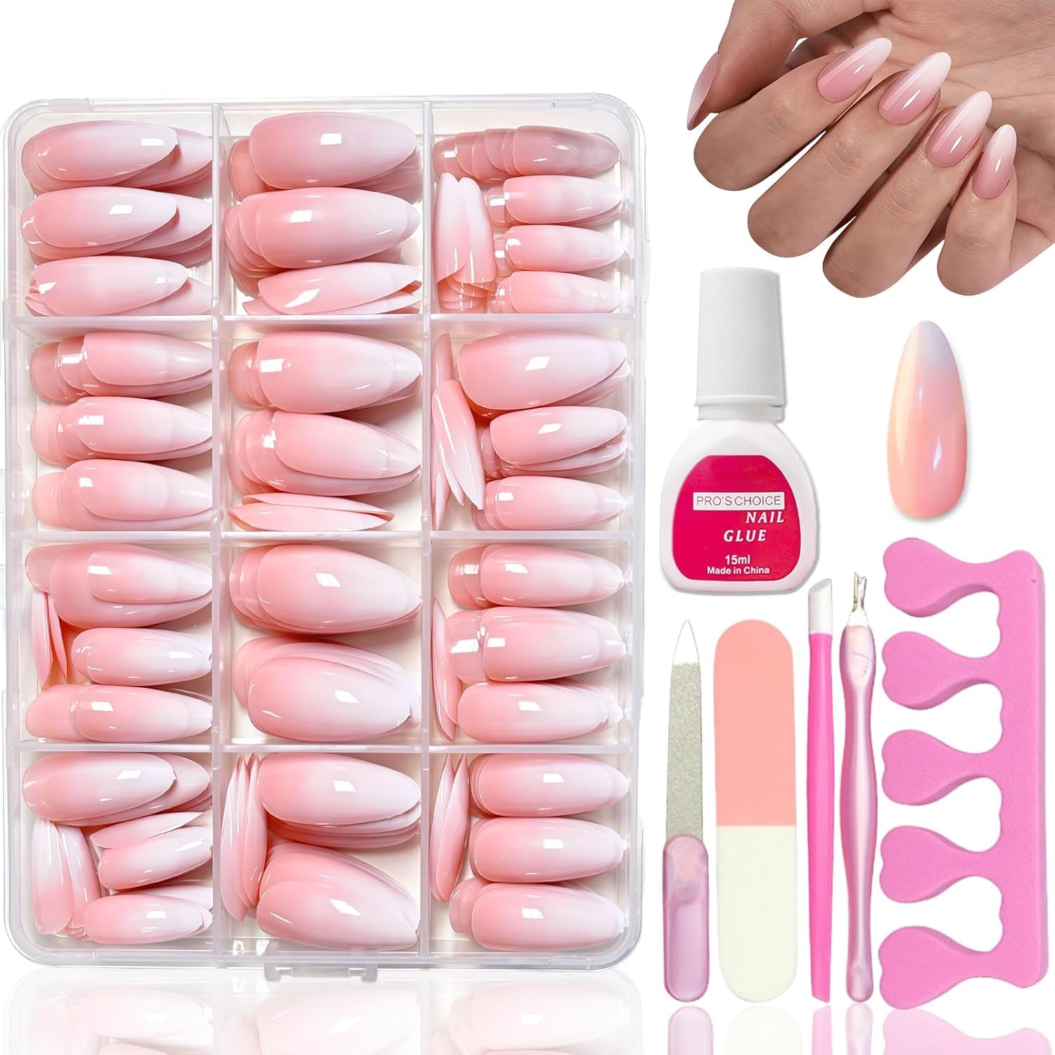 Kit unghii false 360 piese - Unghii artificiale scurte, nud, roz, alb, gradient - Unghii artificiale pătrate pentru lipit - Unghii autoadezive cu acoperire completă, lucioase, pentru femei și fete (pătrat)