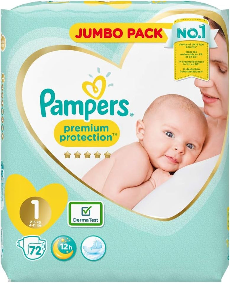 Couches Pampers Premium Protection pour nouveaux bébés, pack Jumbo, taille 1, 72 pièces