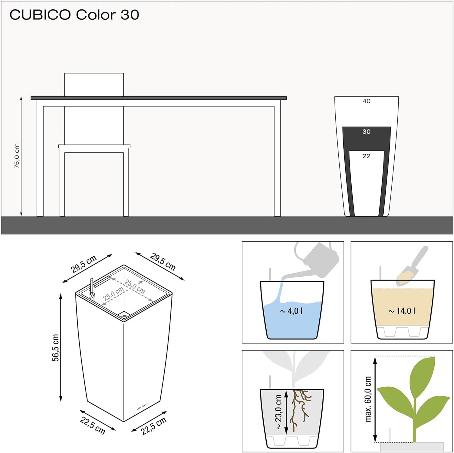 LECHUZA CUBICO Couleur 30 gris ardoise 13138, 29,5x29,5x56,5 cm