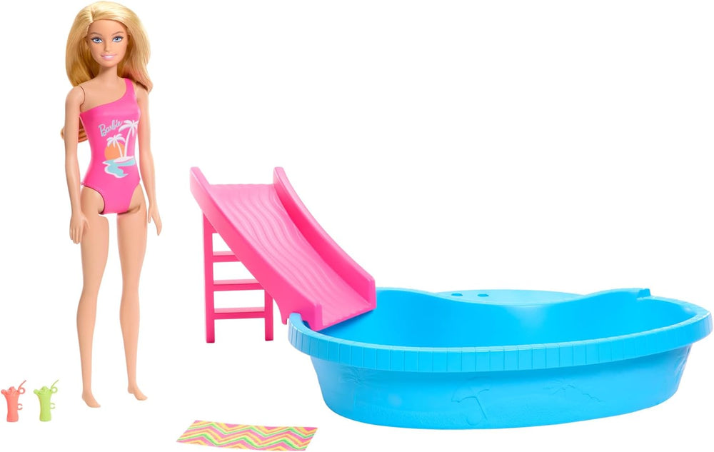 Poupée Barbie et accessoires - piscine avec toboggan et accessoires pour des heures de plaisir au soleil, maillot de bain rose au design tropical, pour les enfants à partir de 3 ans, HRJ74