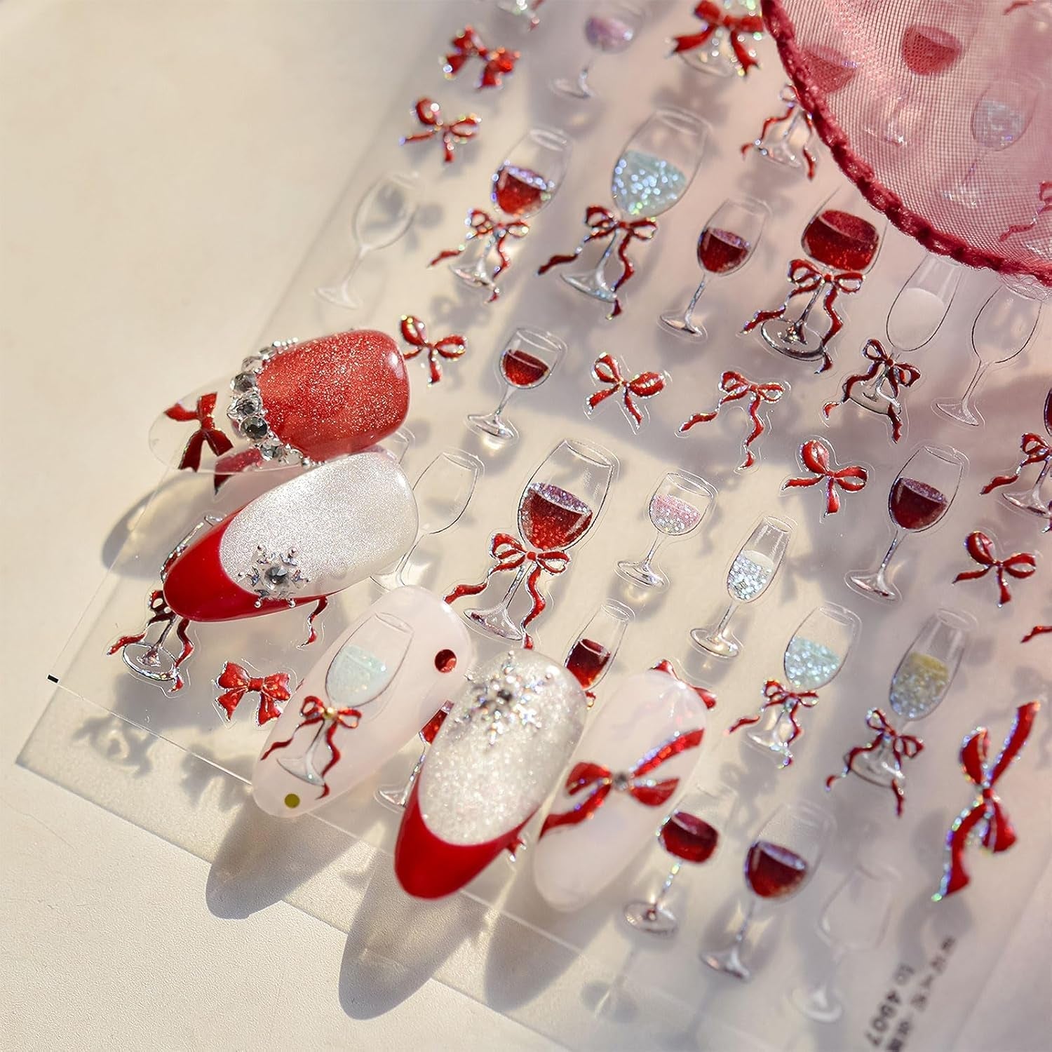 JMEOWIO 3D Nagelsticker Roter Kelch Mit Schleife Nail Art Sticker Selbstklebend Nagelaufkleber 5D Stereoskopisch Dekoration Nageldesign Zubehör 1 Blatt