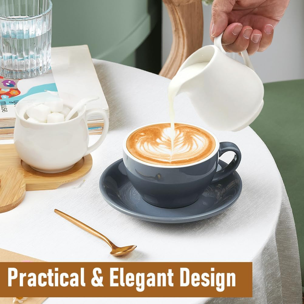 Service à lait et sucre avec couvercle et cuillère, pot à lait en céramique en 5 parties et récipient à sucre avec tablette en bois, récipient à lait et sucre pour cuisine, café, four à micro-ondes et lave-vaisselle (blanc)