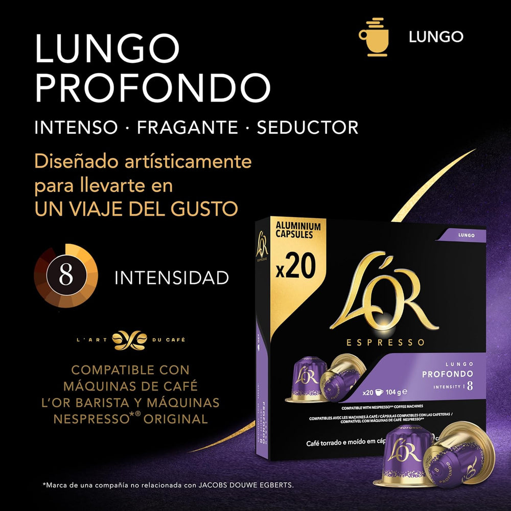 L'OR Espresso Koffiecups Lungo Profondo (200 Lungo Koffie Capsules, Gesicht voor Nespresso* Koffiemachines, Intensity 08/12, 100% Arabica Koffie, UTZ Gecertificeerd), 10 x 20 Cups