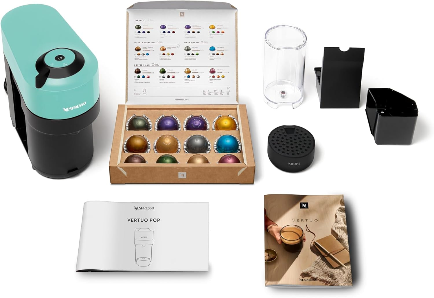 Machine à expresso avec capsules Nespresso Krups Vertuo Pop, capacité : 560 ml, reconnaissance automatique des capsules, système One Touch, 4 tailles de tasse, temps de chauffe raccourci, durable, Aqua Mint, XN9204
