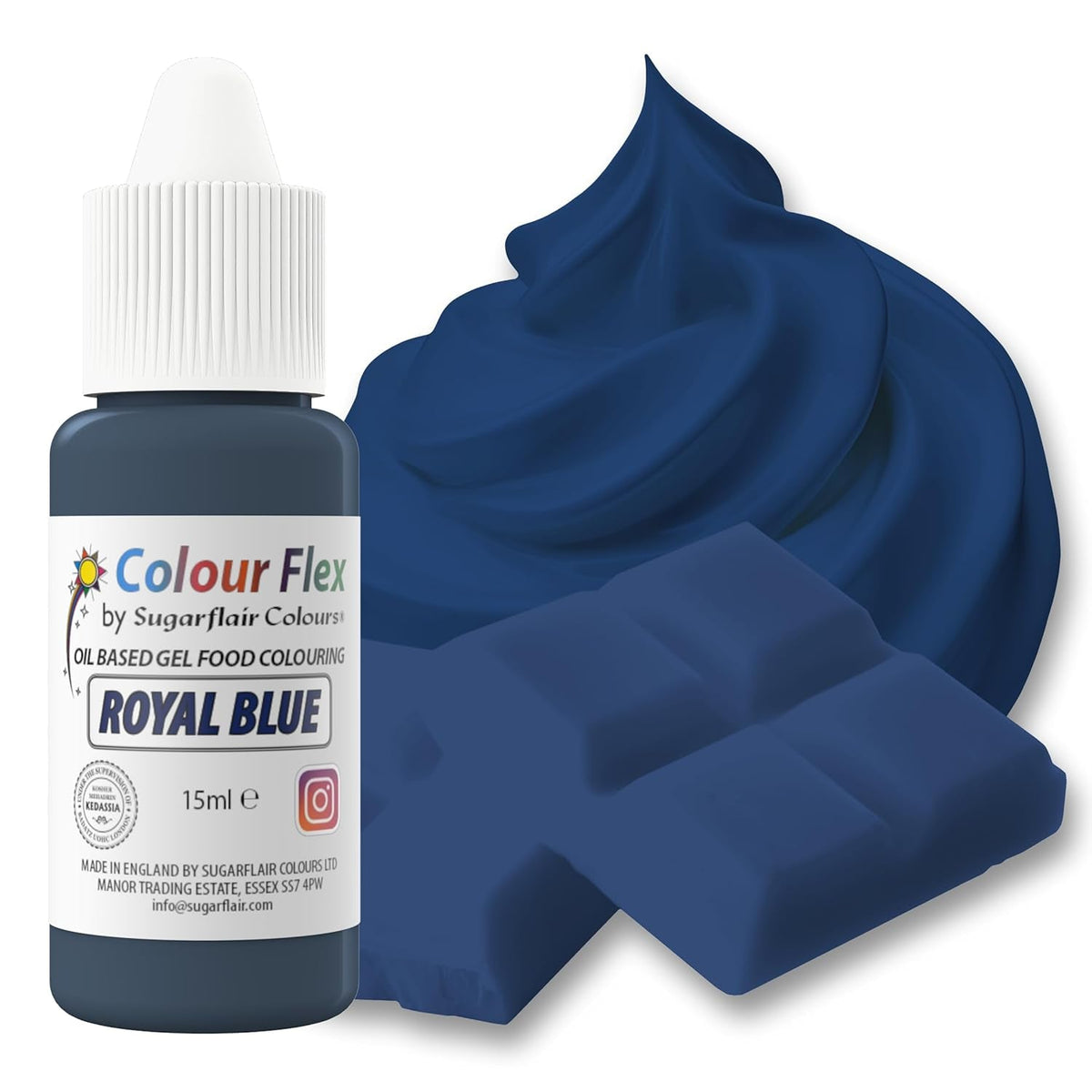 Colorant alimentaire à base d'huile Sugarflair Colourflex, bleu royal, colorant alimentaire liquide hautement concentré, colorant alimentaire pour crème au beurre, chocolat, pâte, fondant, glaçage et plus encore - 15 ml