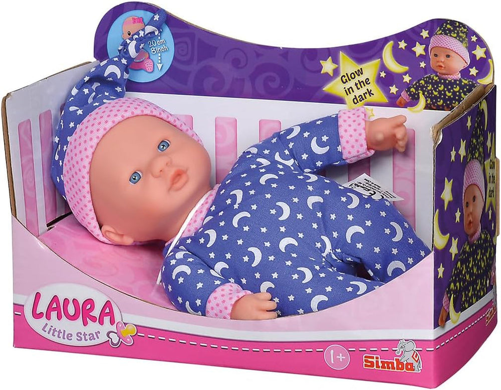 Simba 105010010 - Poupée au corps doux Laura Little Star en jolie robe et chapeau avec lunes et étoiles scintillantes 20 cm poupée qui brille dans le noir pour 12 mois + Blue Dolls Naty Shop