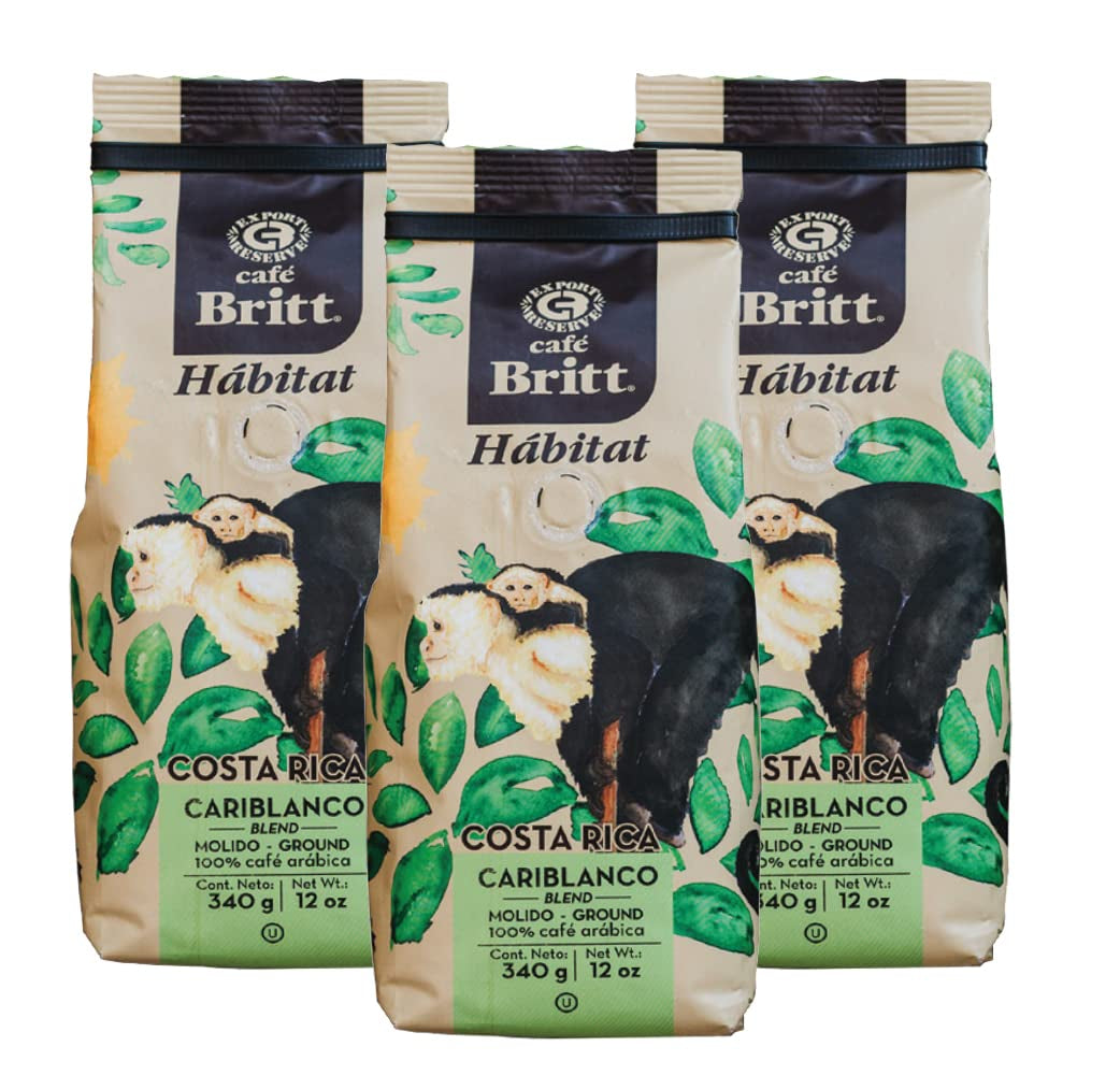 Café Britt® - Mélange Cariblanco Costa Rican Habitat (340 g) (Pack de 3) Café Arabica en grains entiers, casher, sans gluten, torréfaction gastronomique et moyennement fermé…