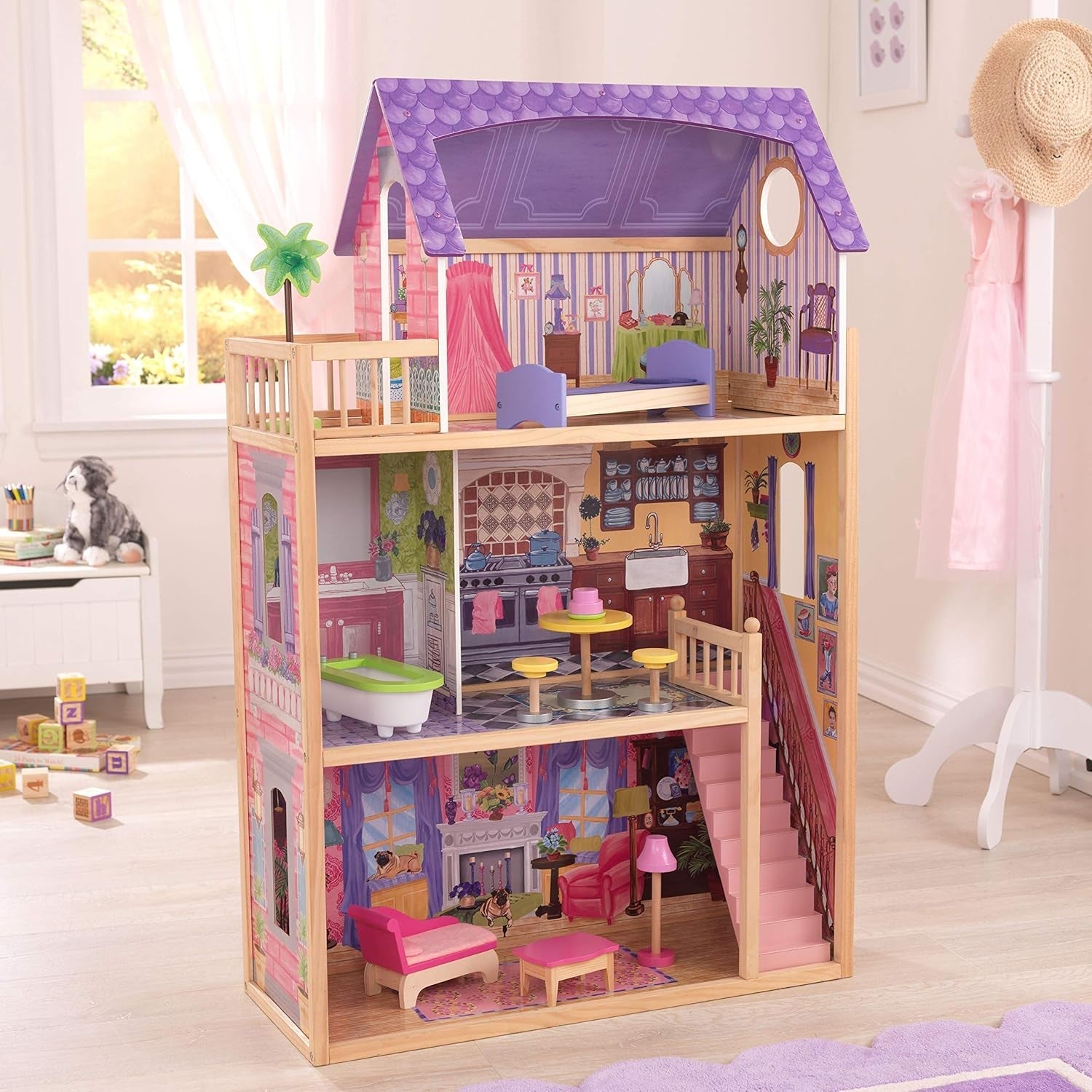 Kidkraft Kayla Maison de poupée en bois avec meubles et accessoires, ensemble de jeu à 3 niveaux pour poupées de 30 cm, jouet pour 3 ans, 65092 - Exclusivement sur Amazon Dollhouses Naty Shop