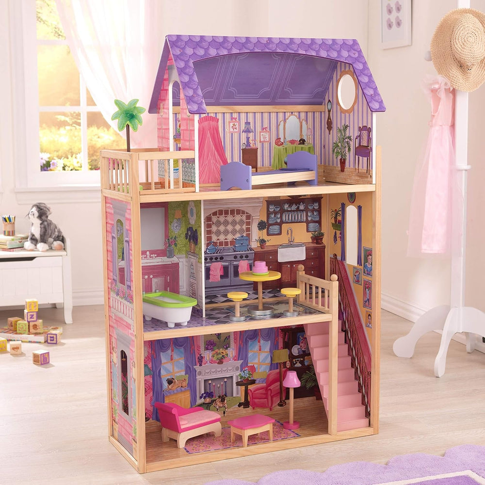 KidKraft Casă de păpuși Kayla din lemn cu mobilier și accesorii, set de joacă cu 3 niveluri pentru păpuși de 30 cm, jucărie pentru copii de la 3 ani în sus, 65092 - Exclusiv pe Amazon
