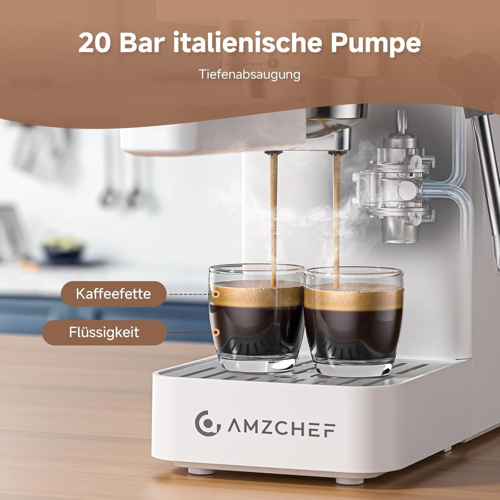 AMZCHEF Machine à expresso 20 bars, écran LED, mousseur à lait professionnel et lance à vapeur en acier inoxydable, réservoir amovible de 1,5 L, chauffage rapide de 1350 W, blanc