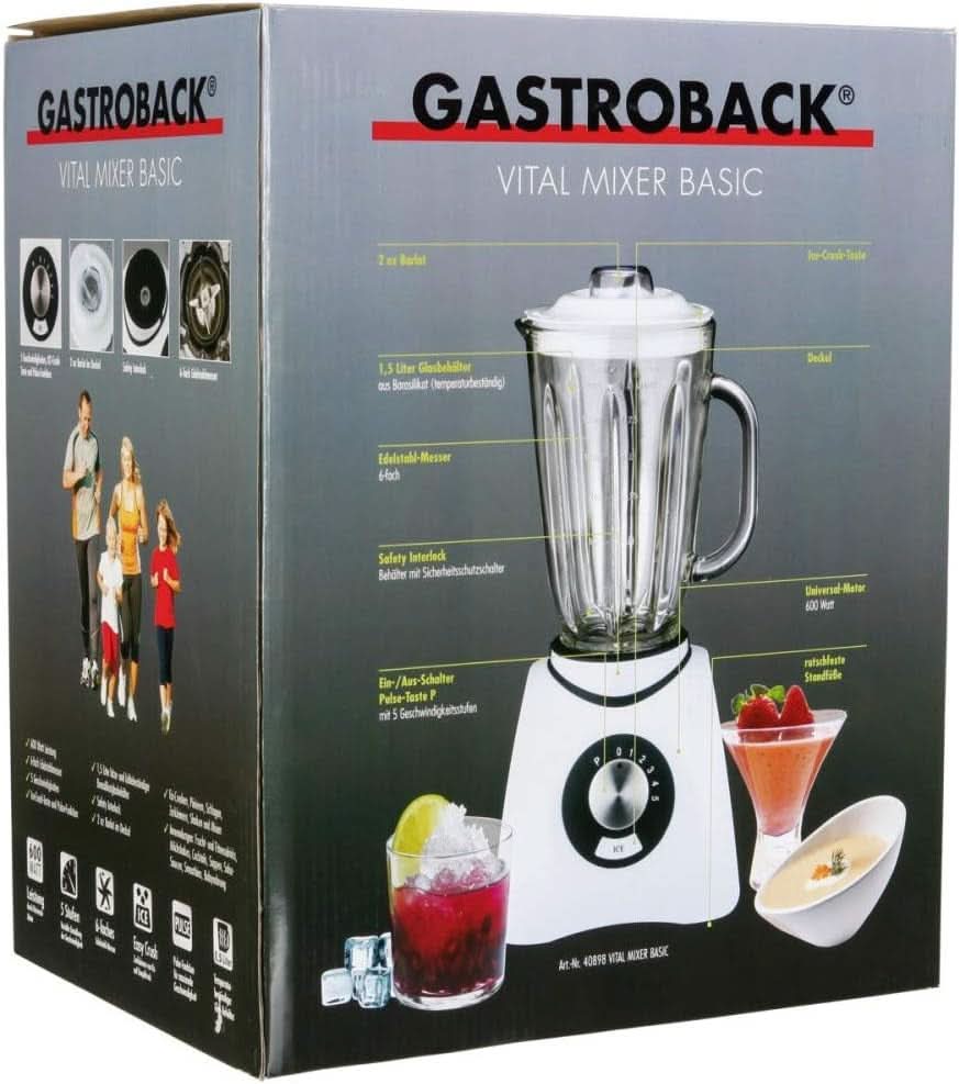 Gastroback 40898 Vital Basic, avec fonction de broyage de glace intégrée, mélangeur à moteur 600 watts, mélangeur à moteur, 1,5 litre, cuisine blanche Naty Shop
