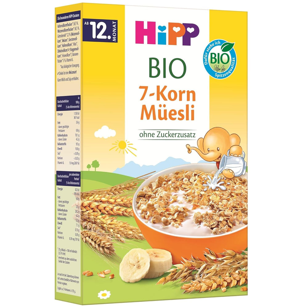 Muesli bio HiPP aux 7 grains (8 x 200g), à partir de 12 mois, sans sucre ajouté, morceaux extra fins - facile à mâcher, meilleure qualité bio
