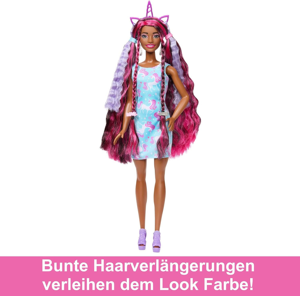 Barbie-Puppe, Fun & Fancy-Haar mit extralangem farbenfrohem schwarzem Haar und schimmerndem rosa Kleid, 10 Frisier- und Mode-Spielaccessoires, JDC86