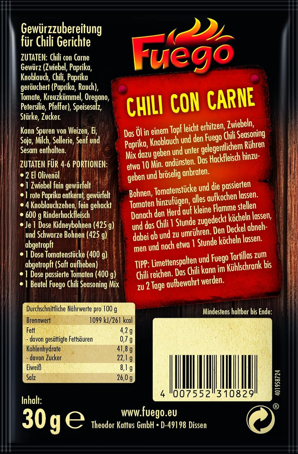 - Mélange d'assaisonnement Chili con Carne | Würzmischung für Chili con Carne, chili végétarien sans viande | Pour 4 à 6 portions Vegan, ohne Gesmacksverstärker | 30 g en sachet