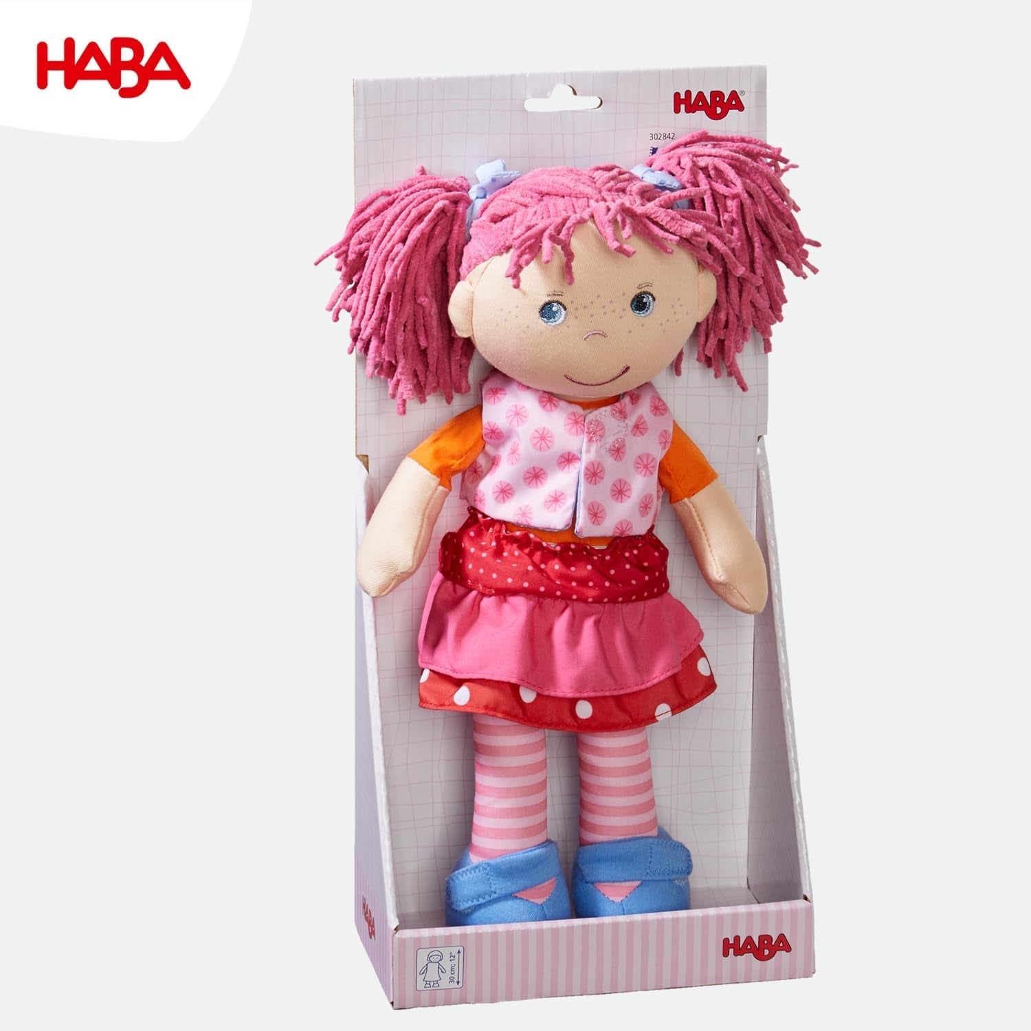 HABA Puppe Lilli-Lou – Weiche Stoffpuppe ab 18 Monaten – 30 cm mit Kleidung & Haaren – Ideale Spielgefährtin für Kleinkinder – 1302842001