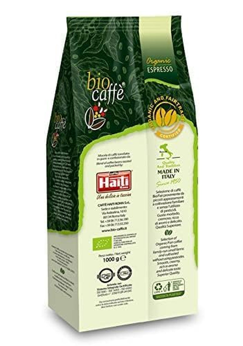 Caffè Haiti Roma Biocaffè Gran Miscela Café en grains 100% biologique/commerce équitable, 1 kg, certifié par l'Institut italien de l'espresso. Un expresso gourmand fabriqué en Italie. Torréfaction artisanale.