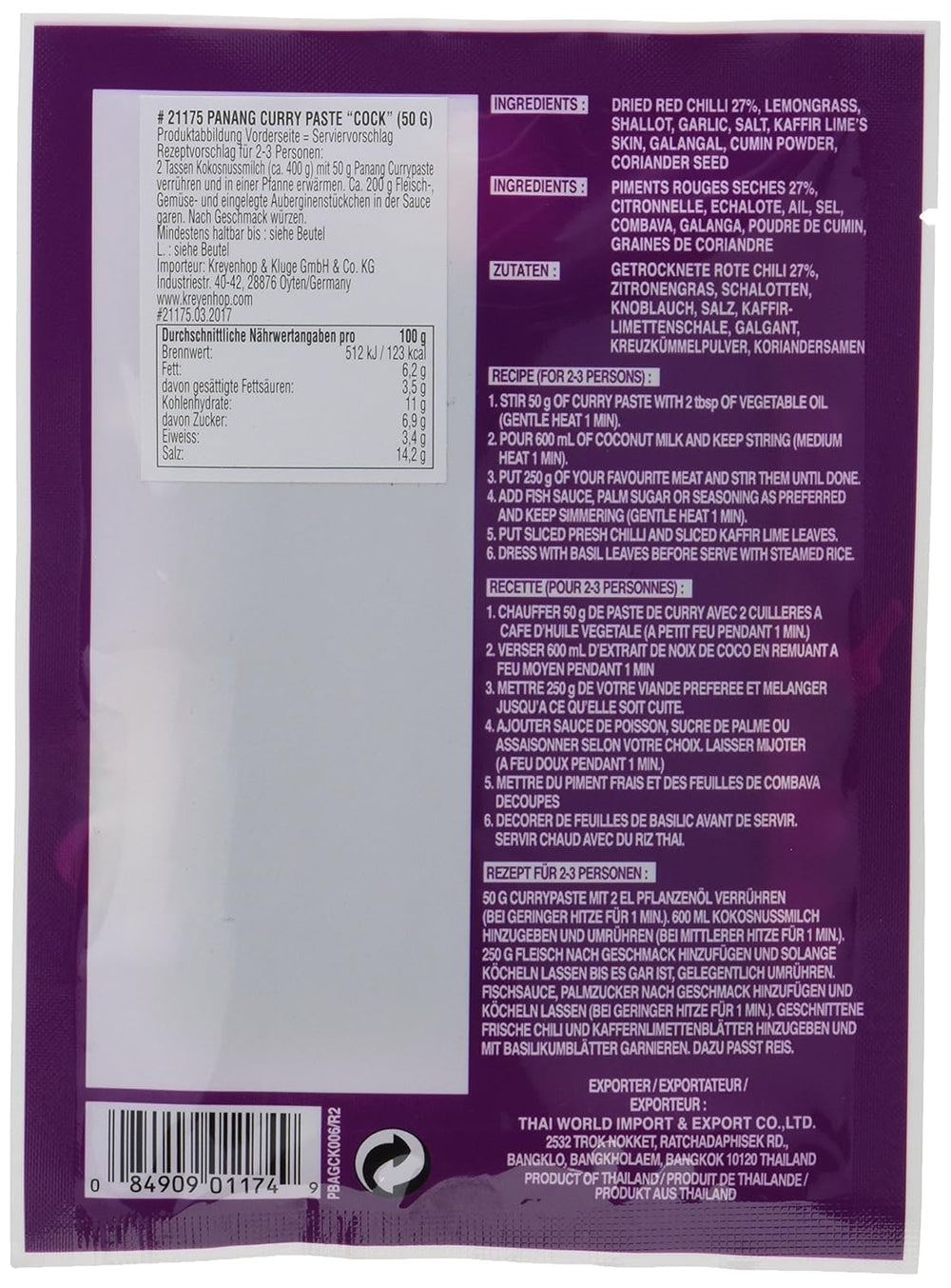 Cock Currypaste Panang, medium Schärfe, authentique cuisine thaïlandaise, ingrédients naturels, végétalien, halal et sans gluten (1 x 50 g)