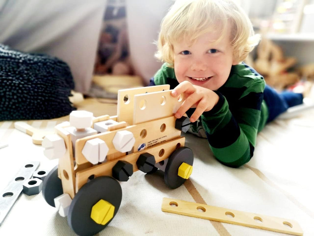 Small Foot Ensemble de construction Miniwob en bois, construction créative avec outils et accessoires, à partir de 3 ans, 11810, gris jaune