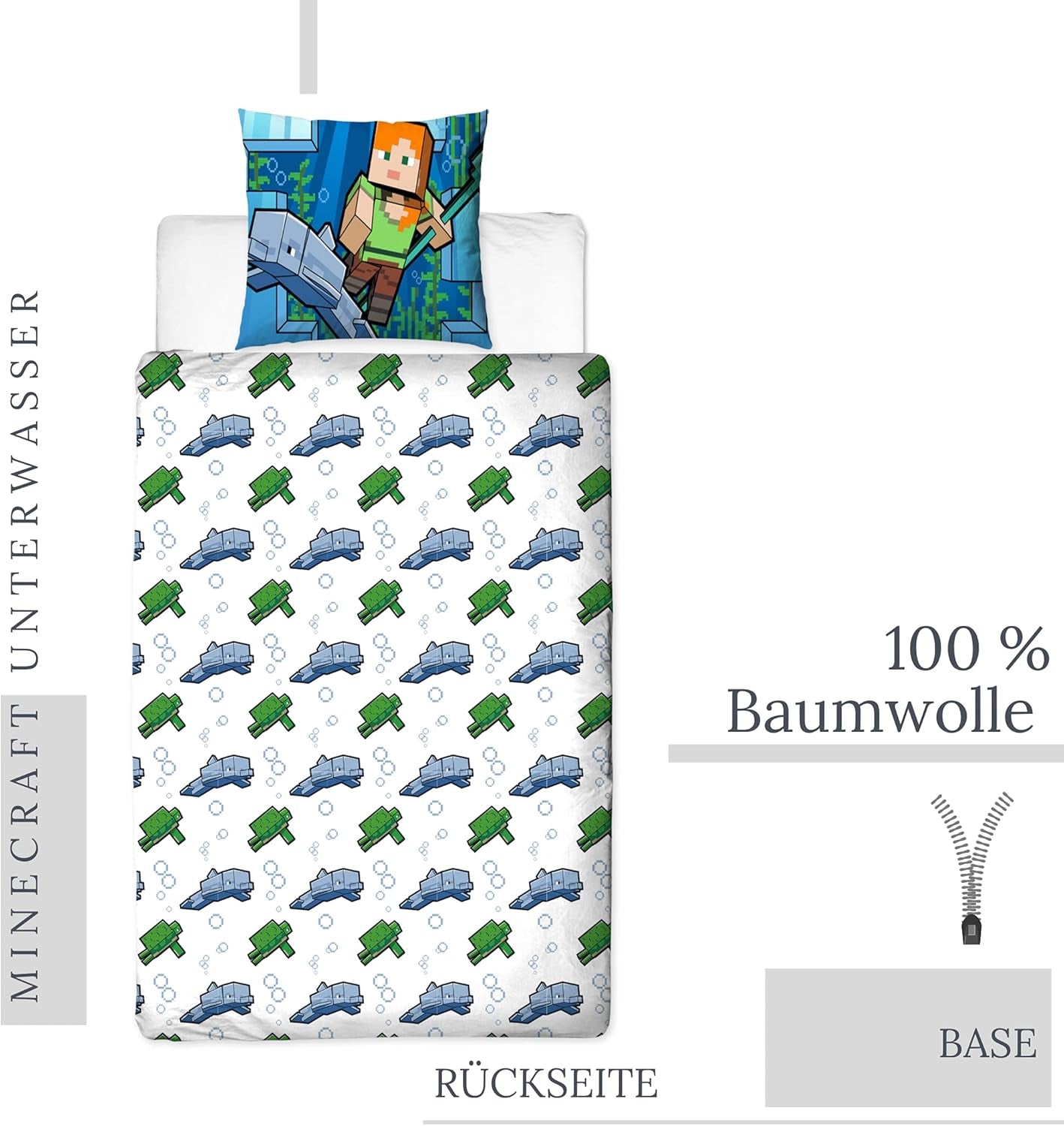 Minecraft Literie Kinderbettwäsche Jugendbettwäsche 135X200 · Unterwasserwelt · Wende Motiv · Kissenbezug 80X80 + Bettbezug 135X200 Cm · 100% Baumwolle · Deutsche Größe Naty Shop