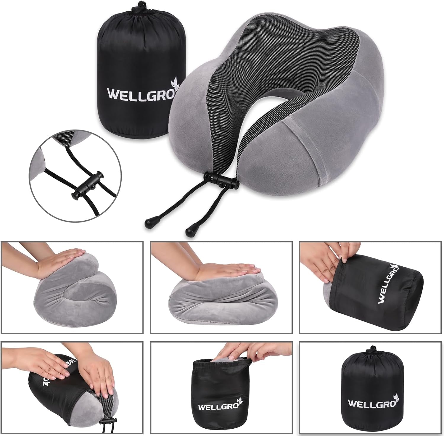 WELLGRO Ensemble d'oreillers cervicaux avec masque de sommeil 3D et bouchons d'oreille - Housse amovible - Mousse à mémoire de forme - Fermeture à glissière - Sac de rangement inclus - Oreiller de voyage - Couleur au choix, Couleur: Gris Oreillers orthopédiques cervicaux Naty Shop