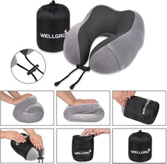 WELLGRO Ensemble d'oreillers cervicaux avec masque de sommeil 3D et bouchons d'oreille - Housse amovible - Mousse à mémoire de forme - Fermeture à glissière - Sac de rangement inclus - Oreiller de voyage - Couleur au choix, Couleur: Gris Oreillers orthopédiques cervicaux Naty Shop