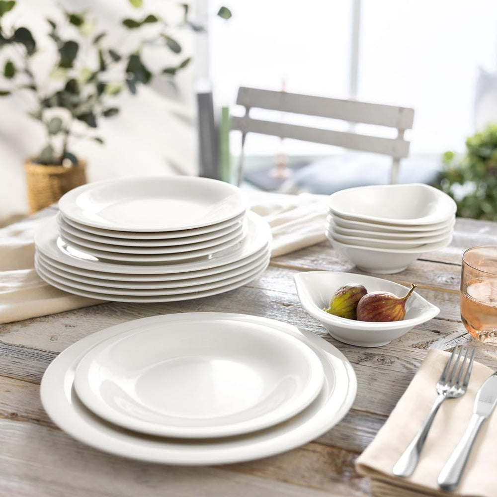vivo - Villeroy & Boch Group – Service de table Essential Blanc 18 tlg. Blanc, Spülmaschinenfest, Mikrowellensicher, Geschirr Set für 6 Personen, Müslischalen, Speiseteller, Dessertteller, Premium Porzellan