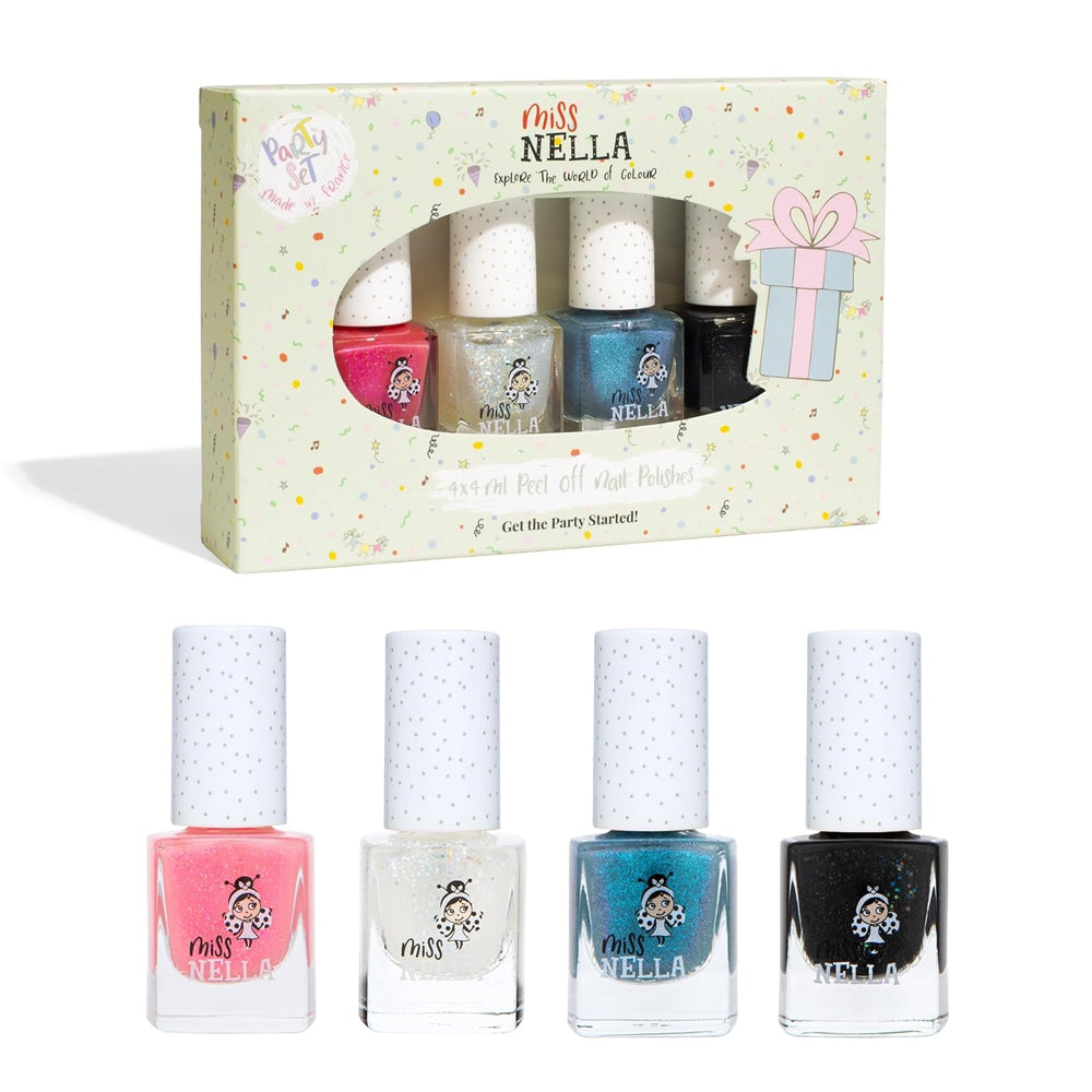 Miss Nella Magic Collection Lot de 4 vernis à ongles pailletés : rose, rouge, or et bleu, vernis à ongles amovible spécial enfants, non toxique, à base d'eau, sans odeur
