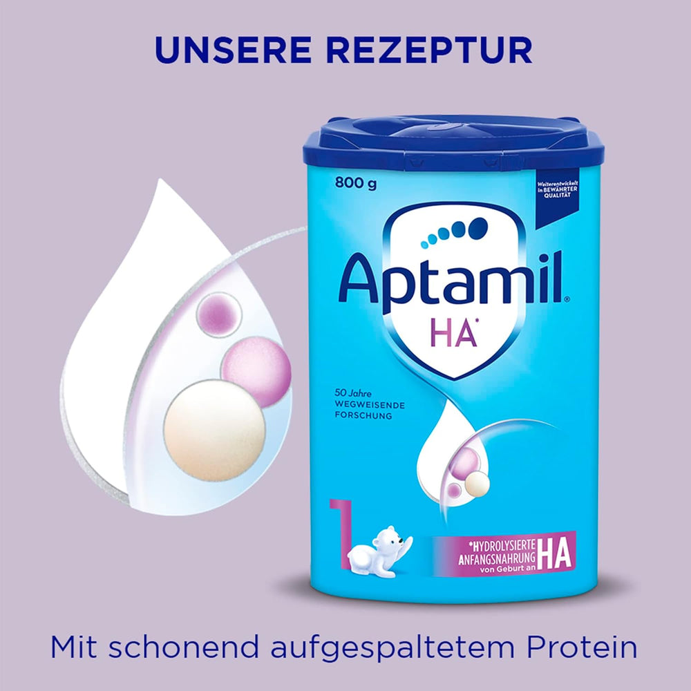 Aptamil HA 1 – Mélange de lait de consommation, avec DHA, sans lactose, sans huile de palme, poudre de bébé, poudre de lait, 1x 800 g (emballage avec 4)
