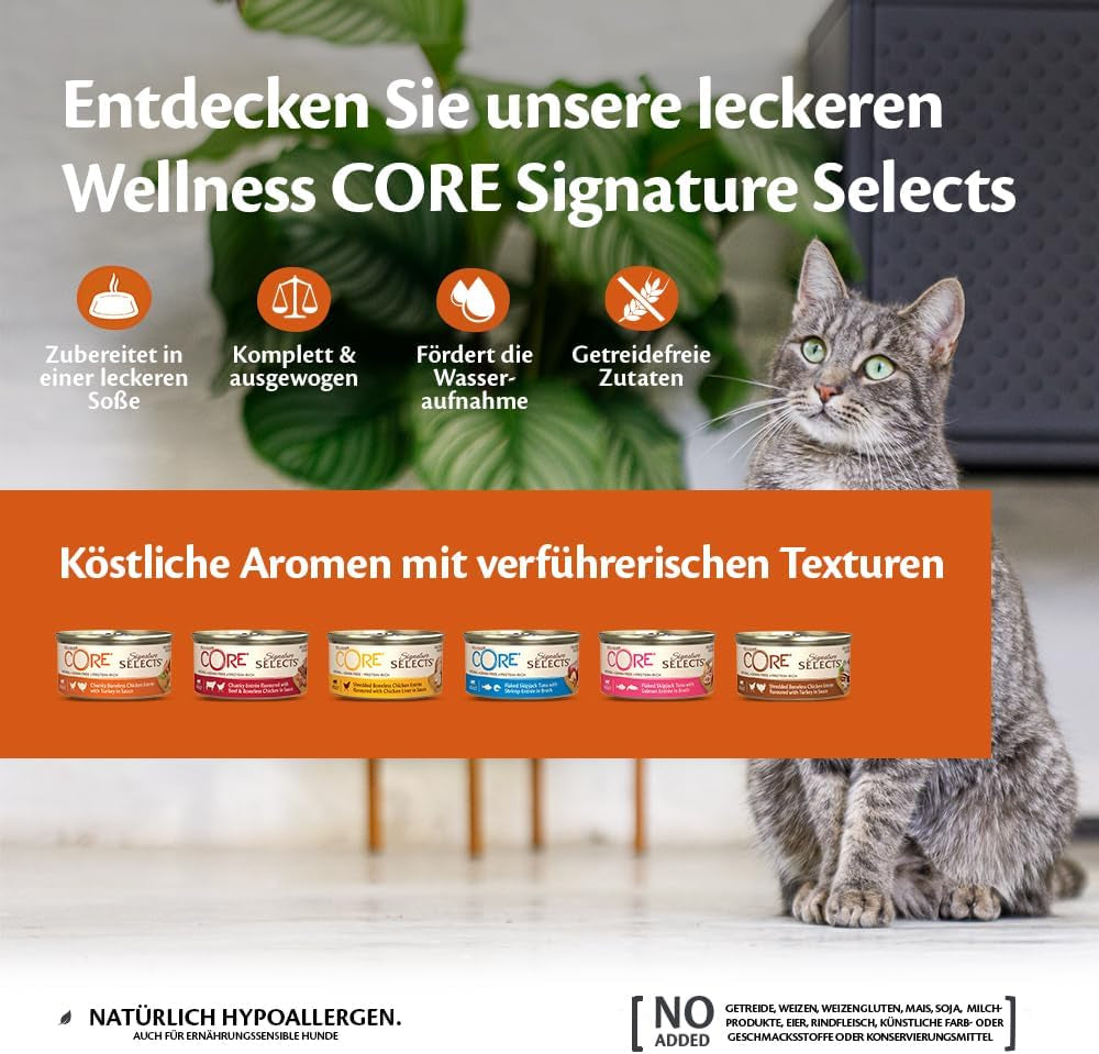 Wellness CORE Signature Selects 8 x 79g, Mélange Poulet et Dinde - Nourriture humide pour chat, délicieuses lanières en sauce, sans céréales, naturelle, hypoallergénique, riche en protéines, riche en viande