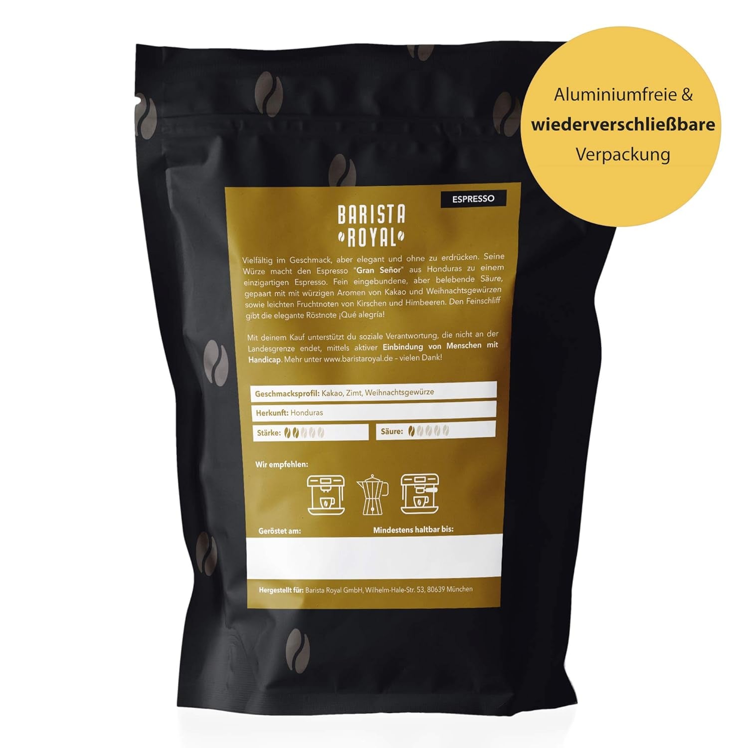 BARISTA ROYAL Bio Espressobohnen 1kg "Gran Señor" | Kaffeebohnen frais directement du Honduras | 100% Arabica Espresso Ganze Bohnen | Idéal pour les machines entièrement automatiques et Siebträger