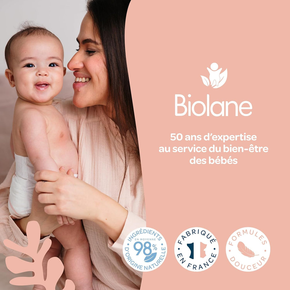 BIOLANE 12 Serviettes Humides Maxi Carrés - Bébés - 100% Bio - 720 Coton - pour peaux sensibles - Change et Toilette - dès la naissance - fabriquées en France