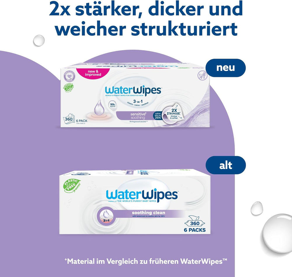WaterWipes Sensitive+ Soothing Clean 360 pièces (paquet de 6) lingettes 3 en 1 nettoyantes, soignantes et apaisantes à 99 % d'eau avec extrait de plante, lingettes pour bébé non parfumées