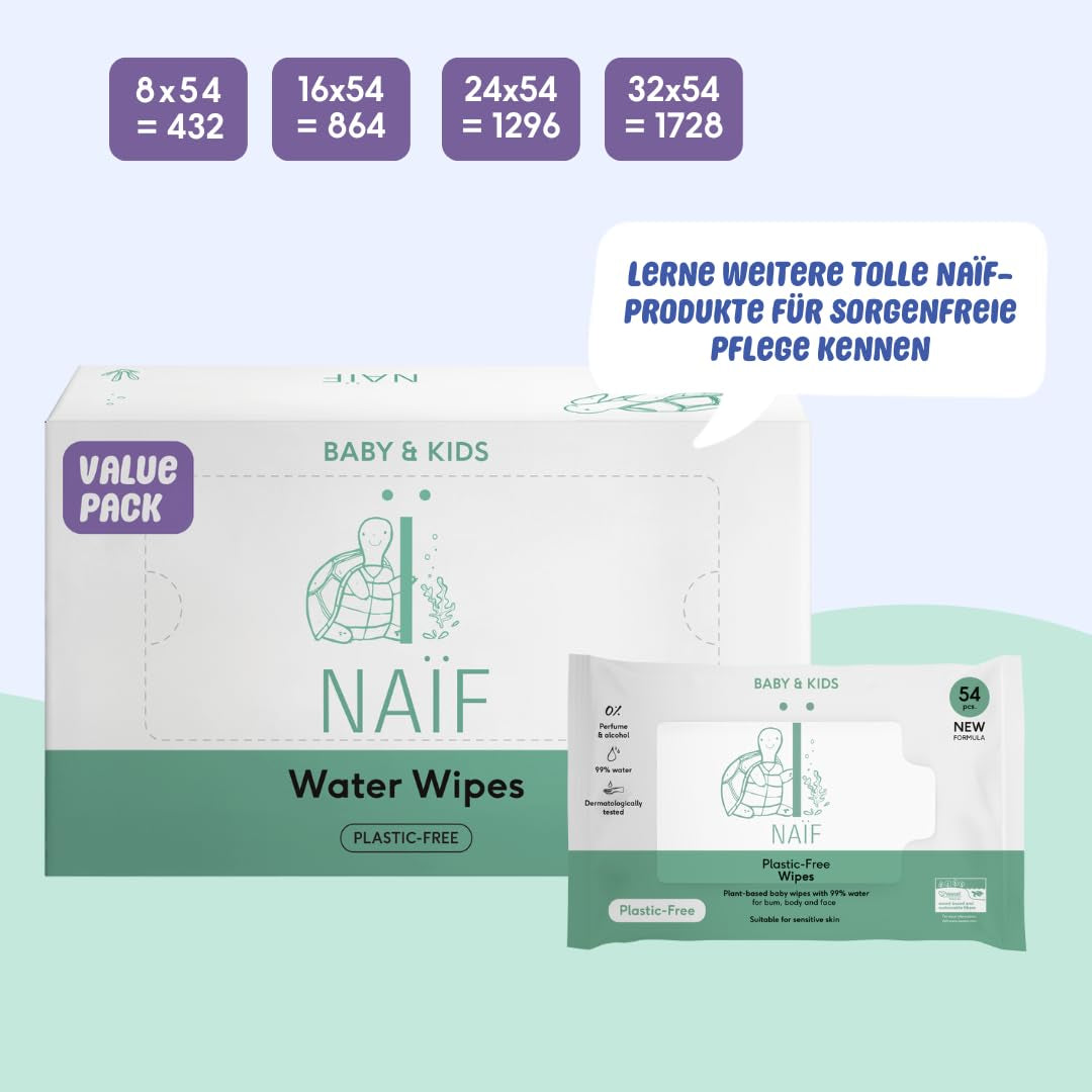 Naïf - Lingettes humides sans plastique - 864 pièces (16 paquets de 54 lingettes) - Soin des fesses, du corps et du visage de bébé - 99% d'eau - 0% de parfum et d'alcool