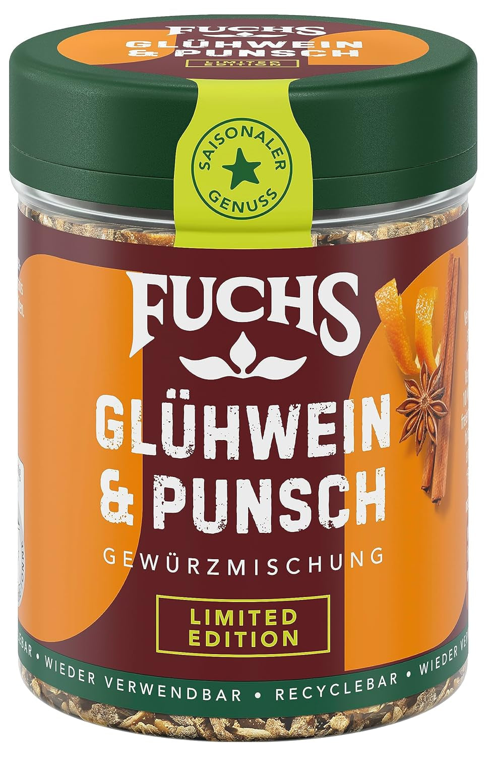 Fuchs Gewürze - Glühwein und Punsch Gewürz - Weihnachtliche Gewürzmischung für Wein und Punsch - aus natürliche Ingrédient - 40 g en dose variable, recyclable