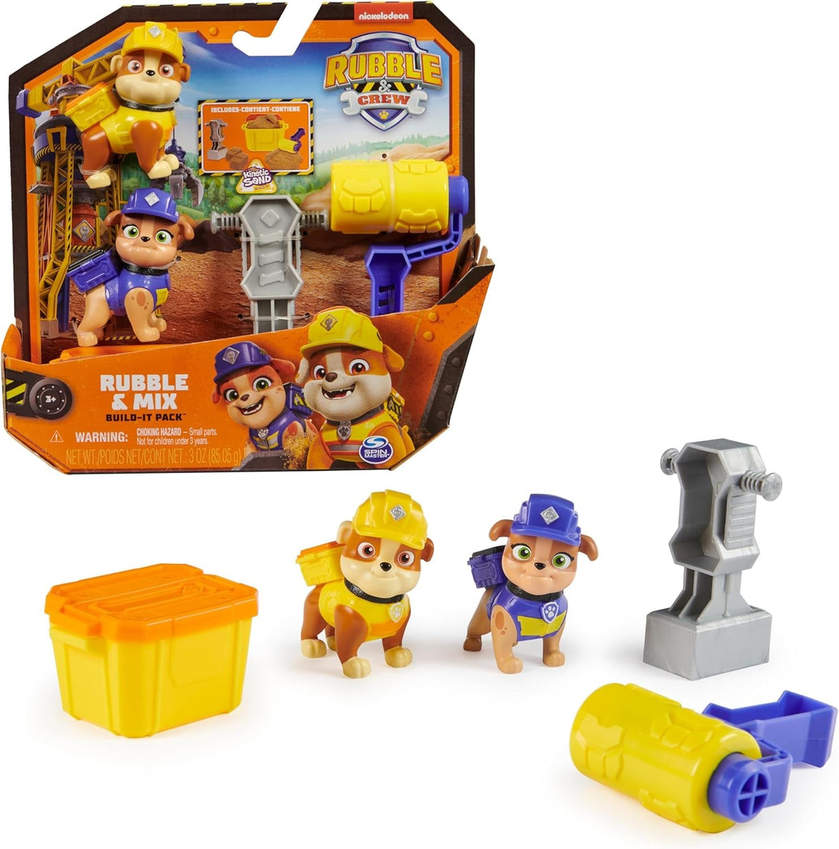Rubble & Crew – Actionfiguren-Set mit Rubble & Mix Figur, 2 Bauspielzeugen und 85g Kinetic Sand Build-it-Sand, Spielzeug geeignet für Kinder ab 3 Jahren
