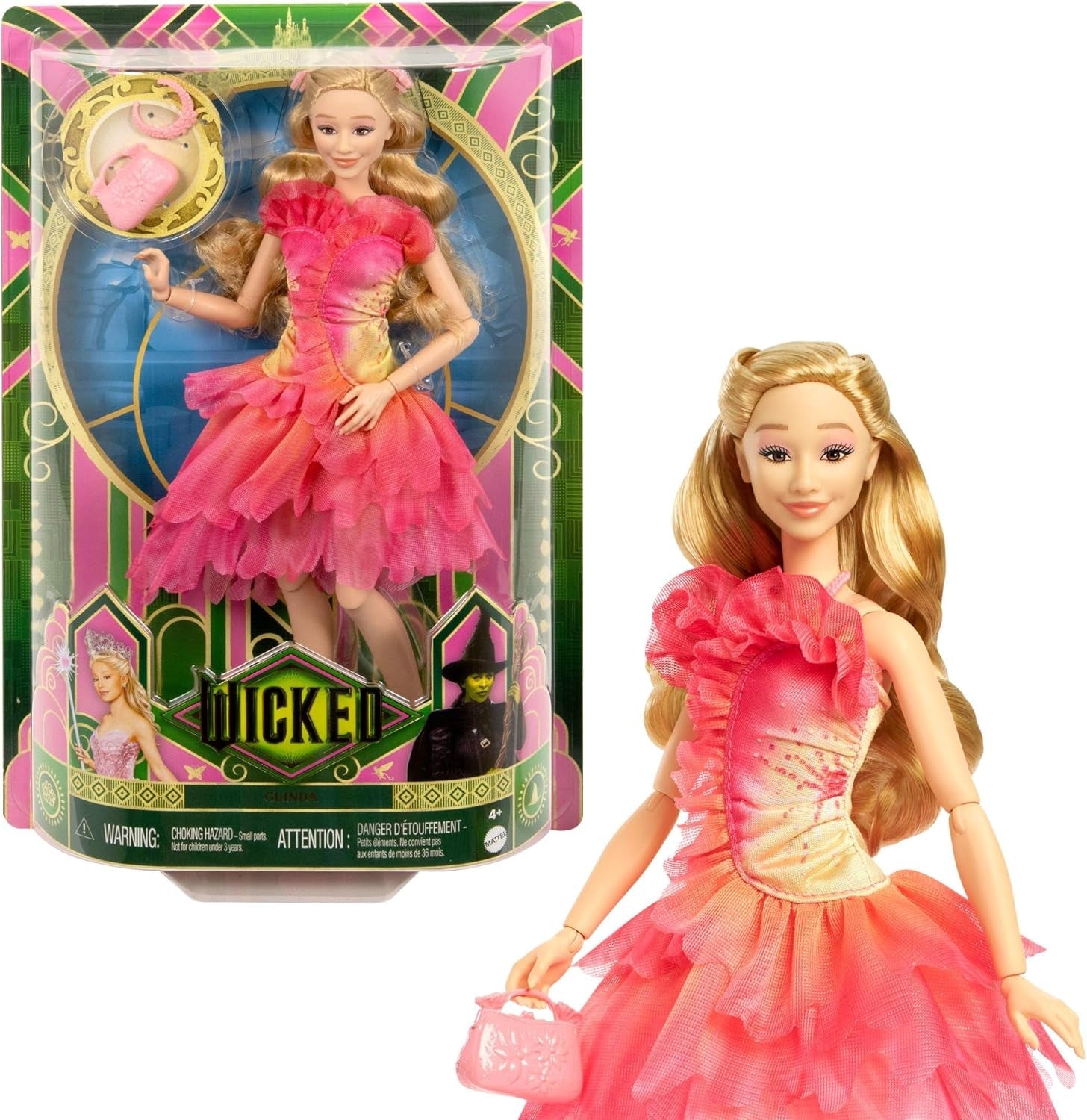 Mattel Wicked Glinda-Modepuppe und Accessoires mit blonden Haaren, verschiedene Posen möglich und ausziehbarer Ballkleid-Look, HXT63