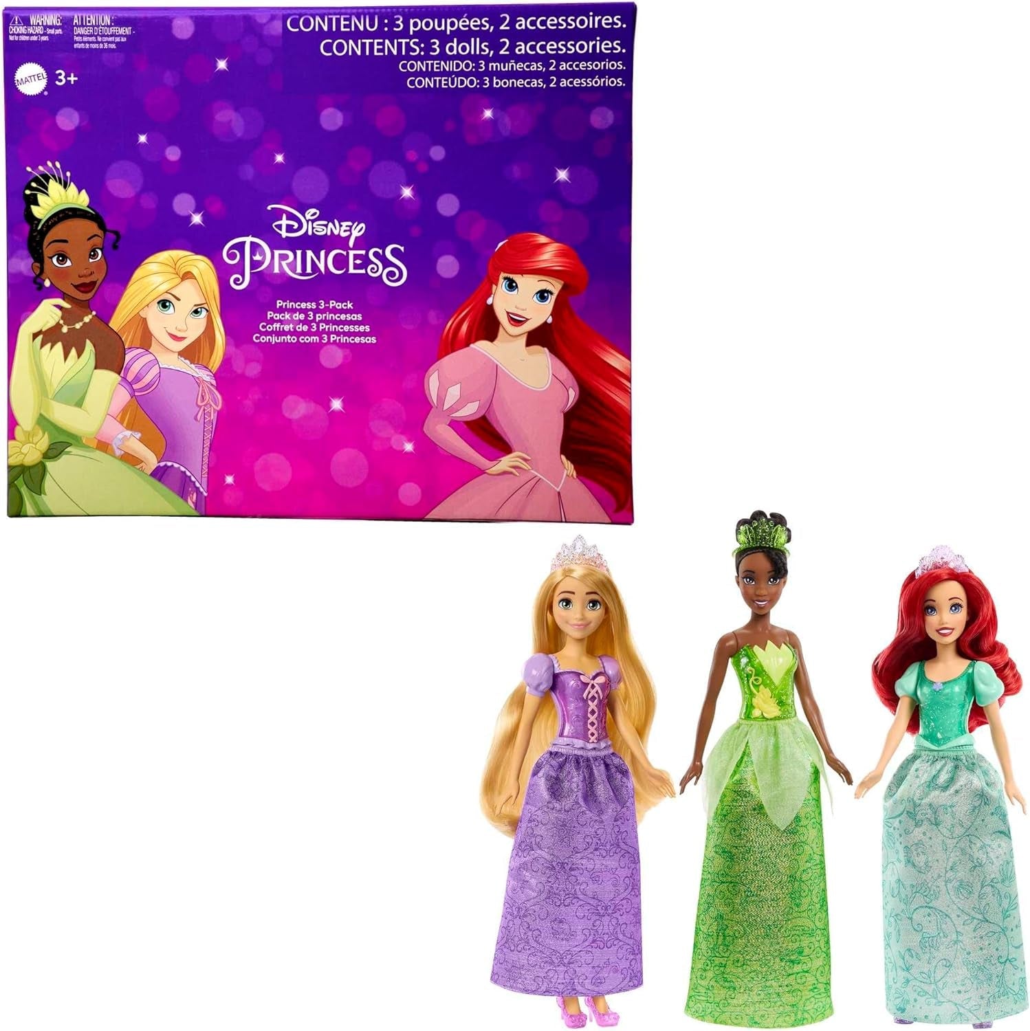 DISNEY Prinzessin 3er-Pack - Tiana, Rapunzel und Arielle mit Accessoires, abnehmbarem Diadem und Schuhe, lange Haare zum Kämmen und Stylen, für Kinder ab 3 Jahren, HLW45