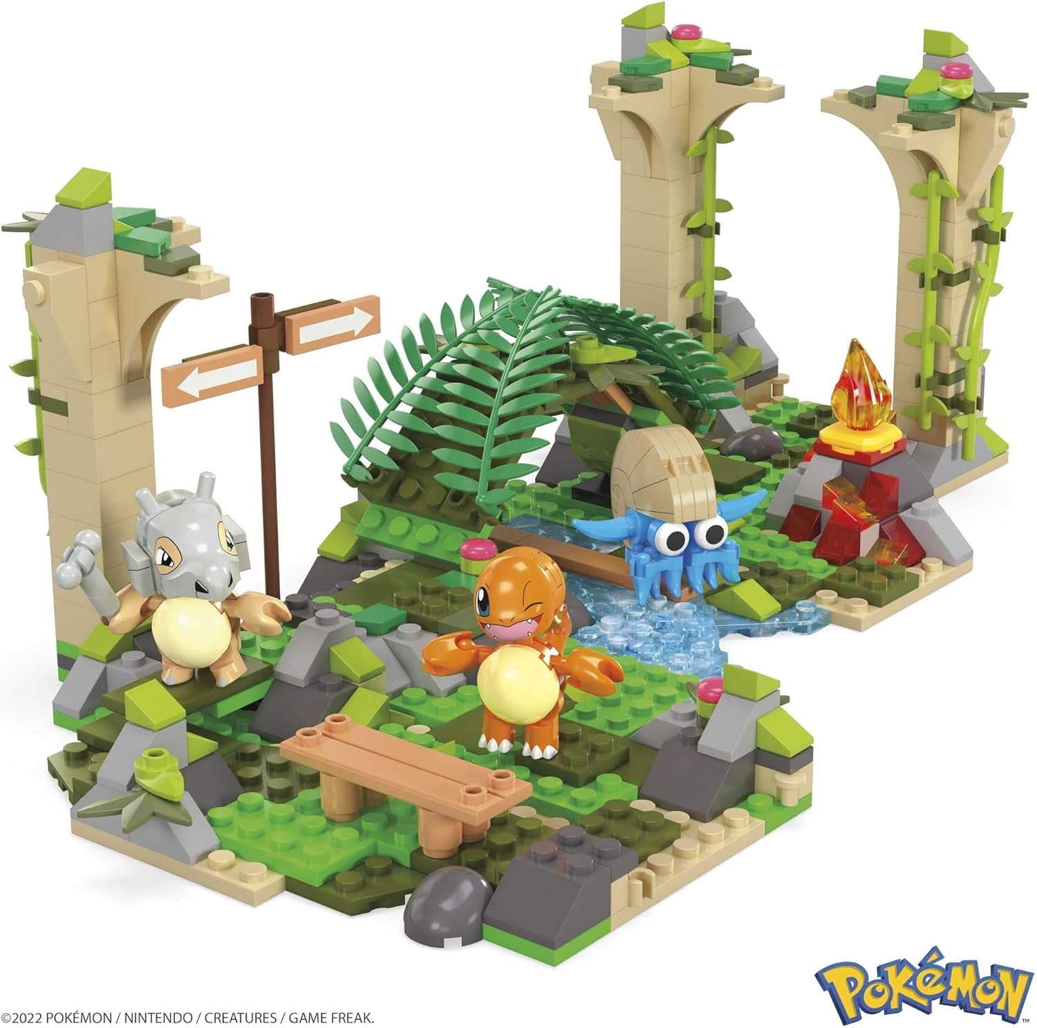 Mega Pokémon Figuren Bauset Dschungel Ruinen, 464 Teile, mit Glumanda, Tragasso und Amonitas-Figuren, Pokémon Spielzeug, Spielzeug ab 7 Jahren, HDL86