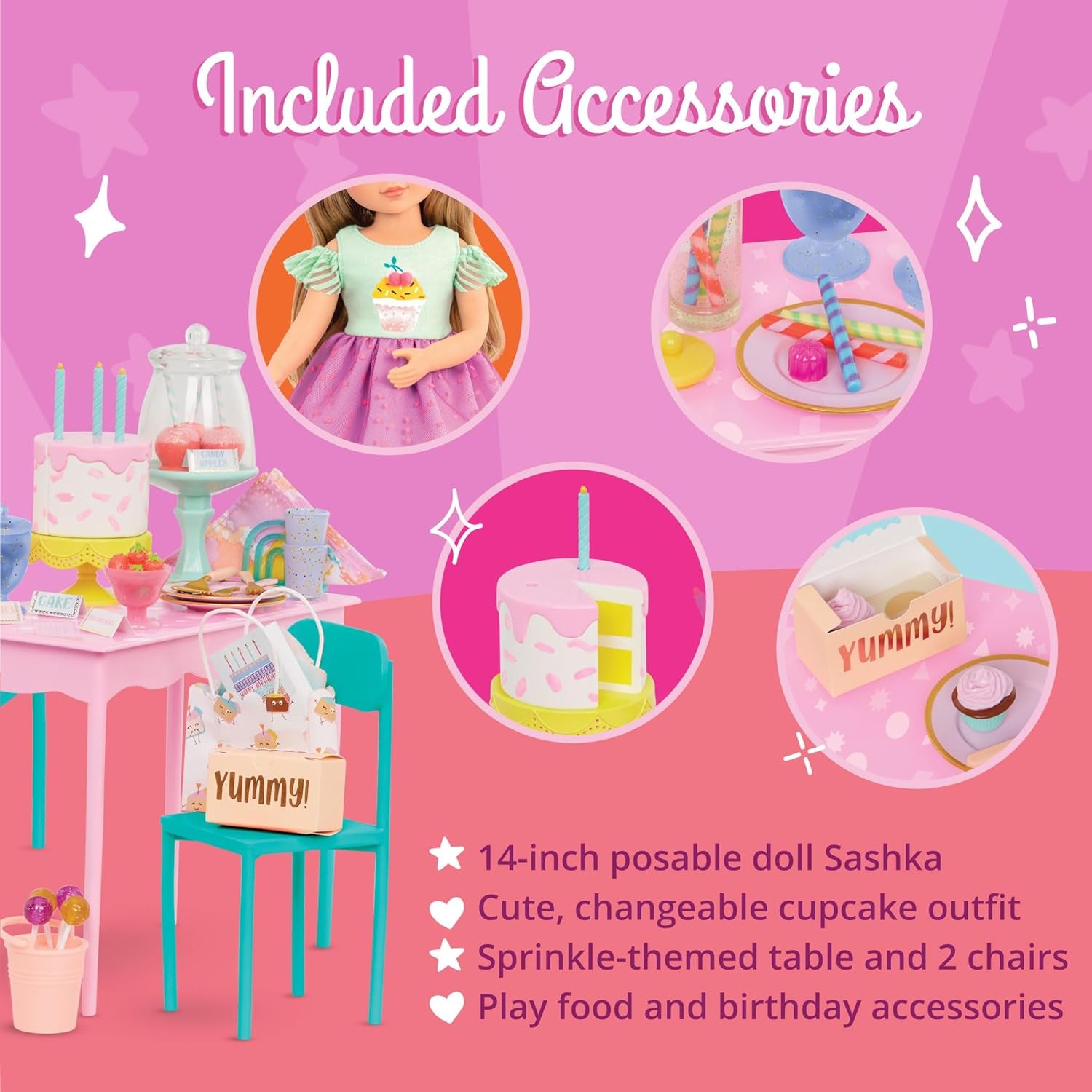 Glitter Girls - GG Surprise Birthday Party Set & Sashka - Bewegliche 36cm Puppe Sashka - Überraschungs-Geburtstagsparty-Set - Tisch & Stühle Möbel - 3 ans +