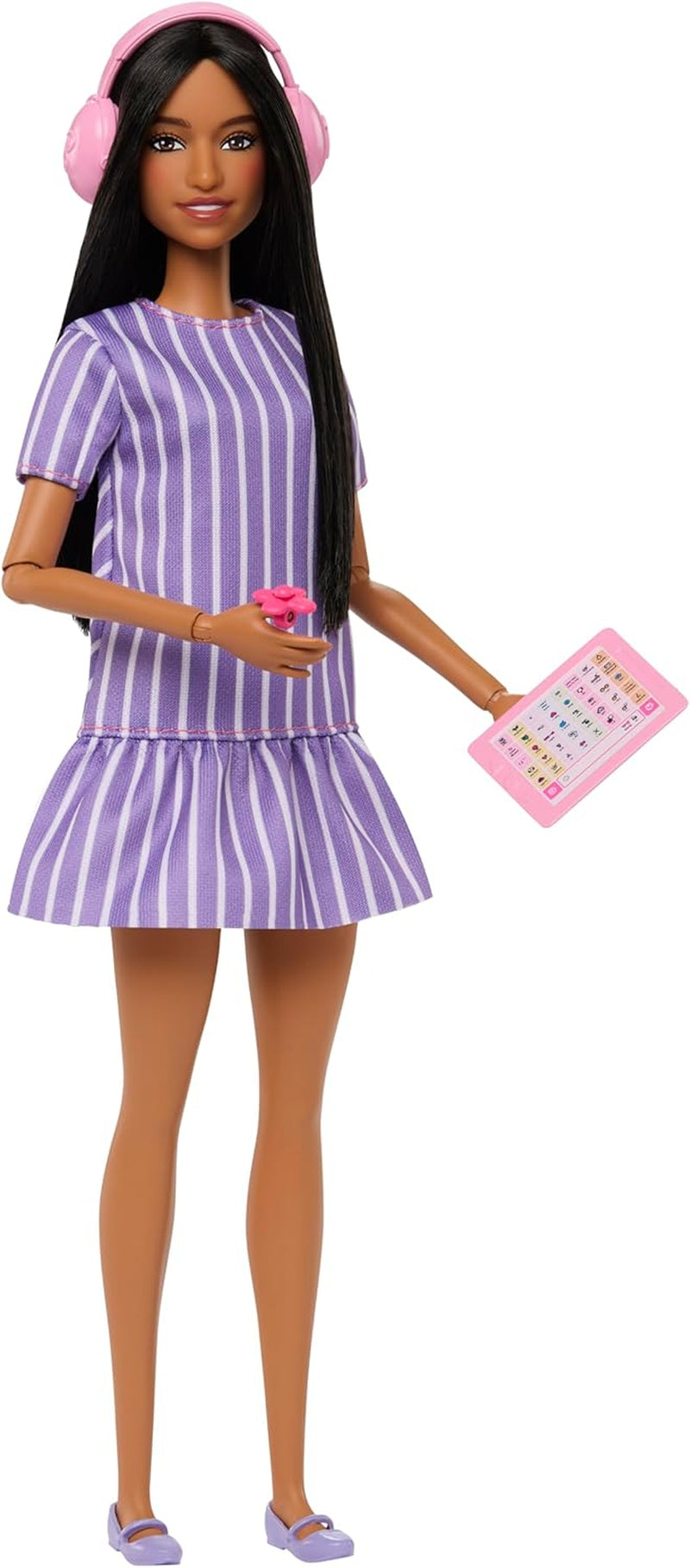 Poupée Barbie Fashionistas no. 245, poupée autiste avec robe rayée violette et accessoires comme fidget spinner, tablette et écouteurs, JJN58