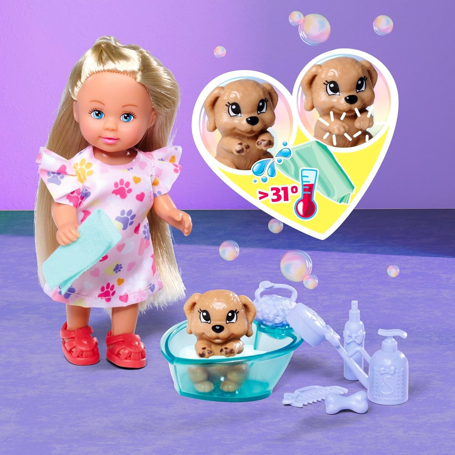 Simba Evi Love Dog Bath, Spielpuppe mit Hund, der Schmutz an seinen Pfoten hat, inkl. Badewanne und Handtuch, 8 Teile, Zubehör, 12cm, ab 3 Jahren