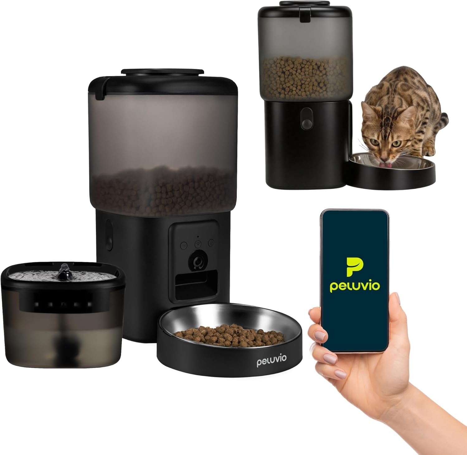 Feast Automatische Futterautomat Katze mit App and Kamera, Live-Video mit Nachtsicht und Zwei-Wege-Audio, Portionskontrolle, Edelstahl-Napf, Katzen Trinkbrunnen mit Filter, 4,5 l et 2,5 l